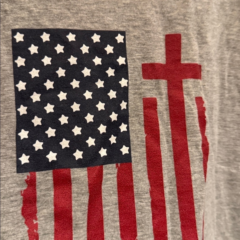 Gray Graphic T-Shirt with Flag and Cross One Nation under God - Picture 2 of 5